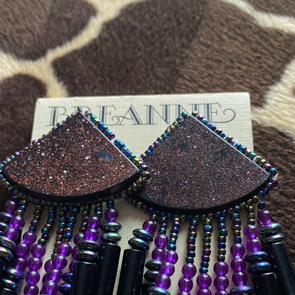 Vintage 90’s Beaded Statement Earrings with Purple and Black Accents - Picture 2 of 7